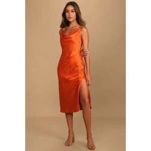 Lulu's You're My Type Pink Satin Jacquard Midi Slip Dress size M NWT